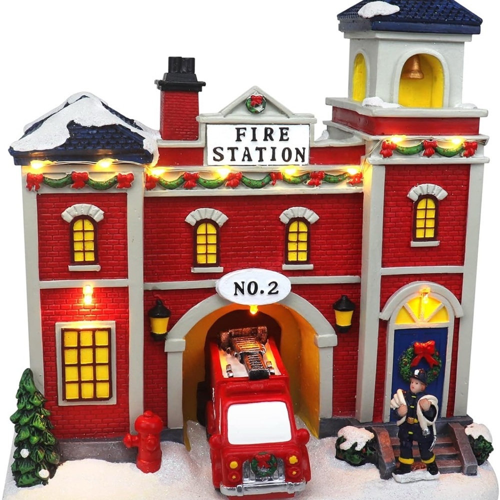 Top Treasures Christmas Village‎ Fire Station Pre-lit Musical Figurine NIB